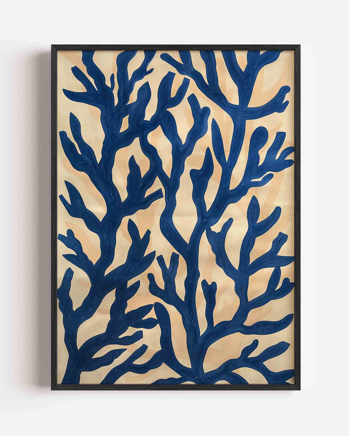 Blauwe takken op beige – hedendaagse illustratie portret poster als wanddecoratie