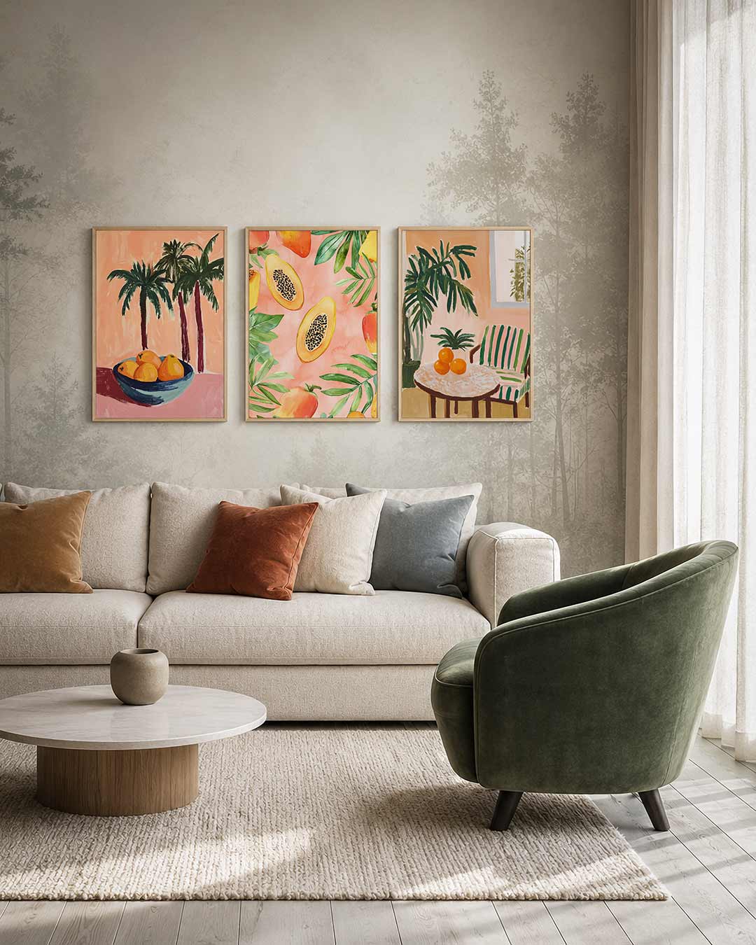Tropische vruchten driedelige posterset – deze kleurrijke compositie toont een schaal met feloranje