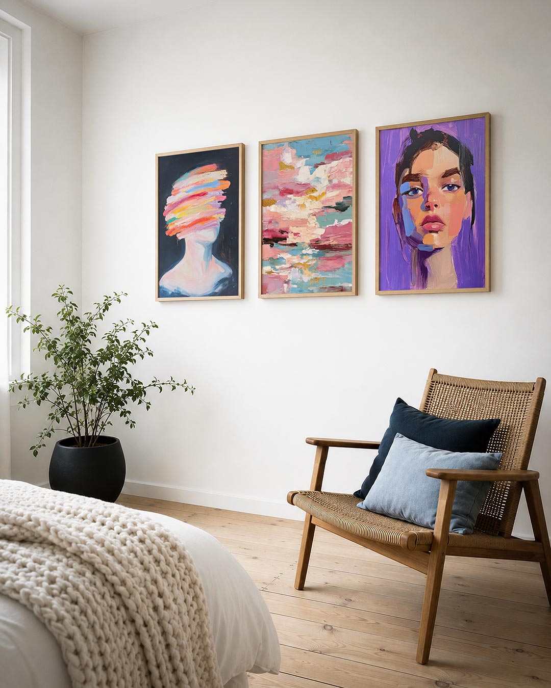 Kleurenstreep portret posterset – detailweergave – een portret met dynamische strepen in levendige kleuren