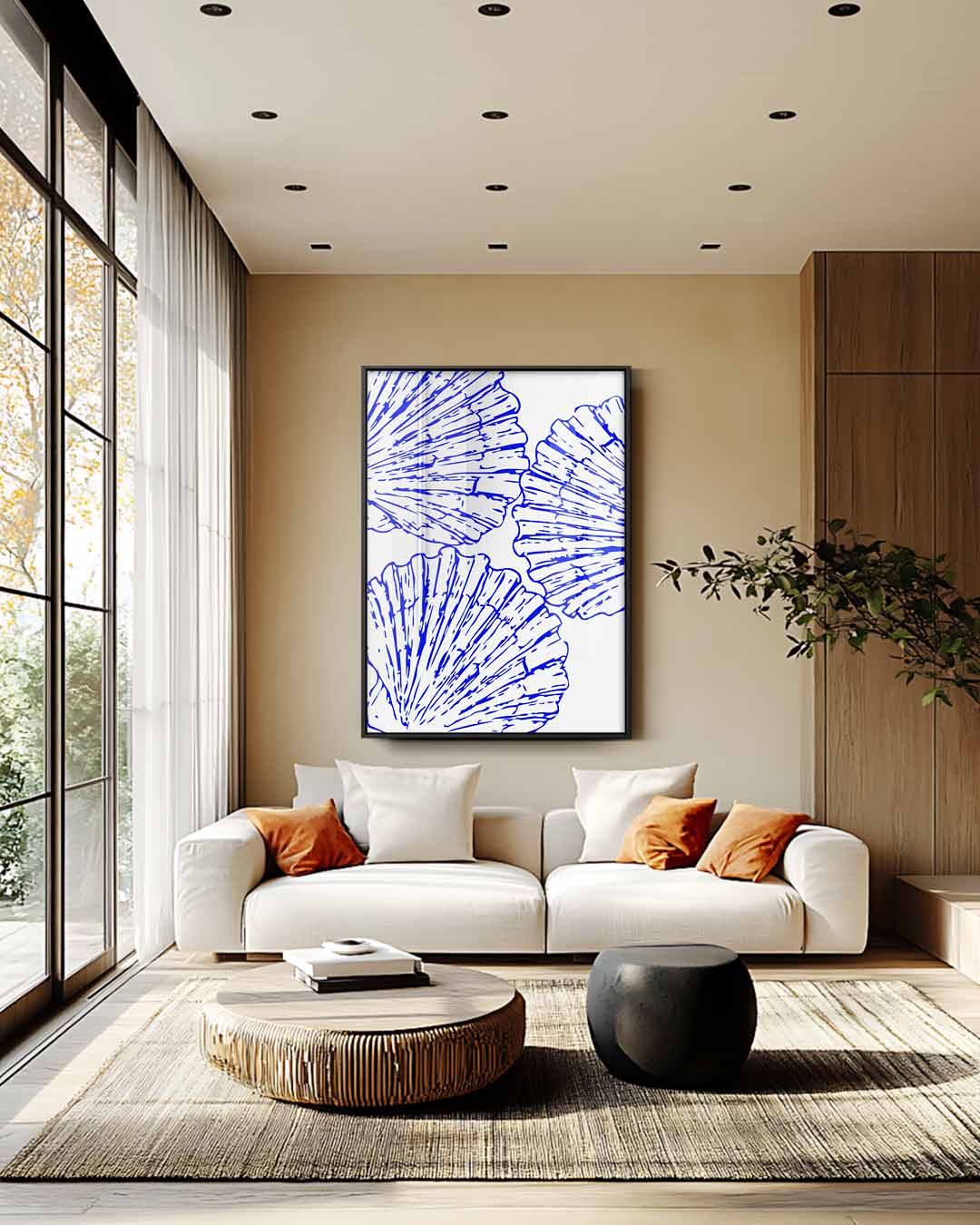 Blauwe schelpenpatroon – plexiglas wanddecoratie in portret formaat