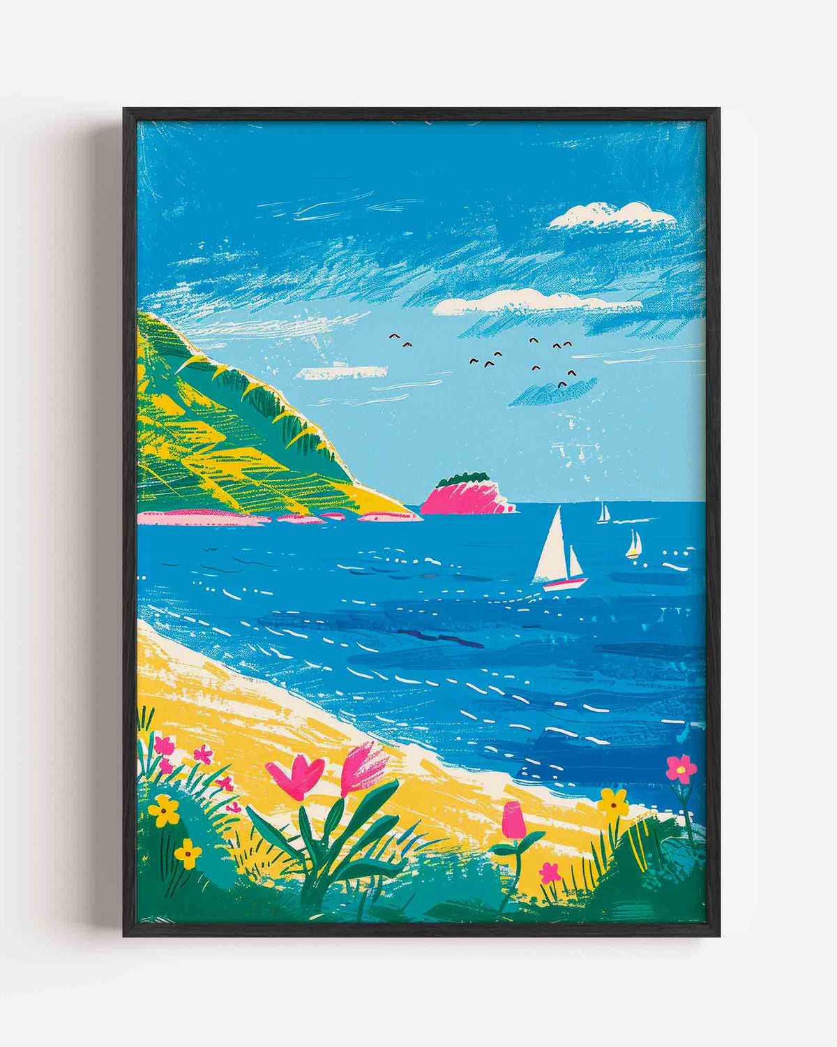 Zeilboten en bloemen – kleurrijke illustratie portret poster als wanddecoratie