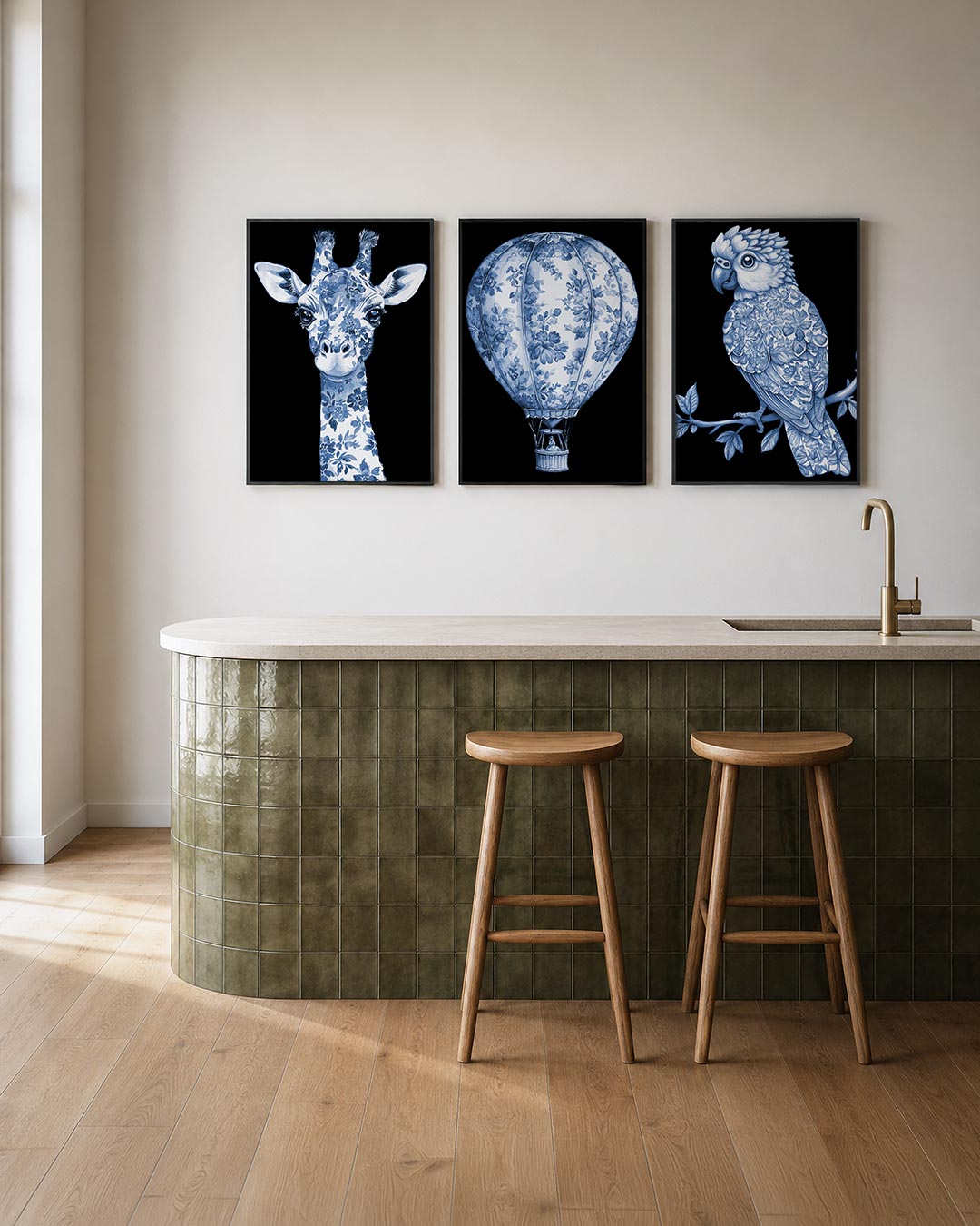 Floral giraffe posterset – tweede productweergave – een sierlijke giraffe met een patroon van blauwe bloemen op