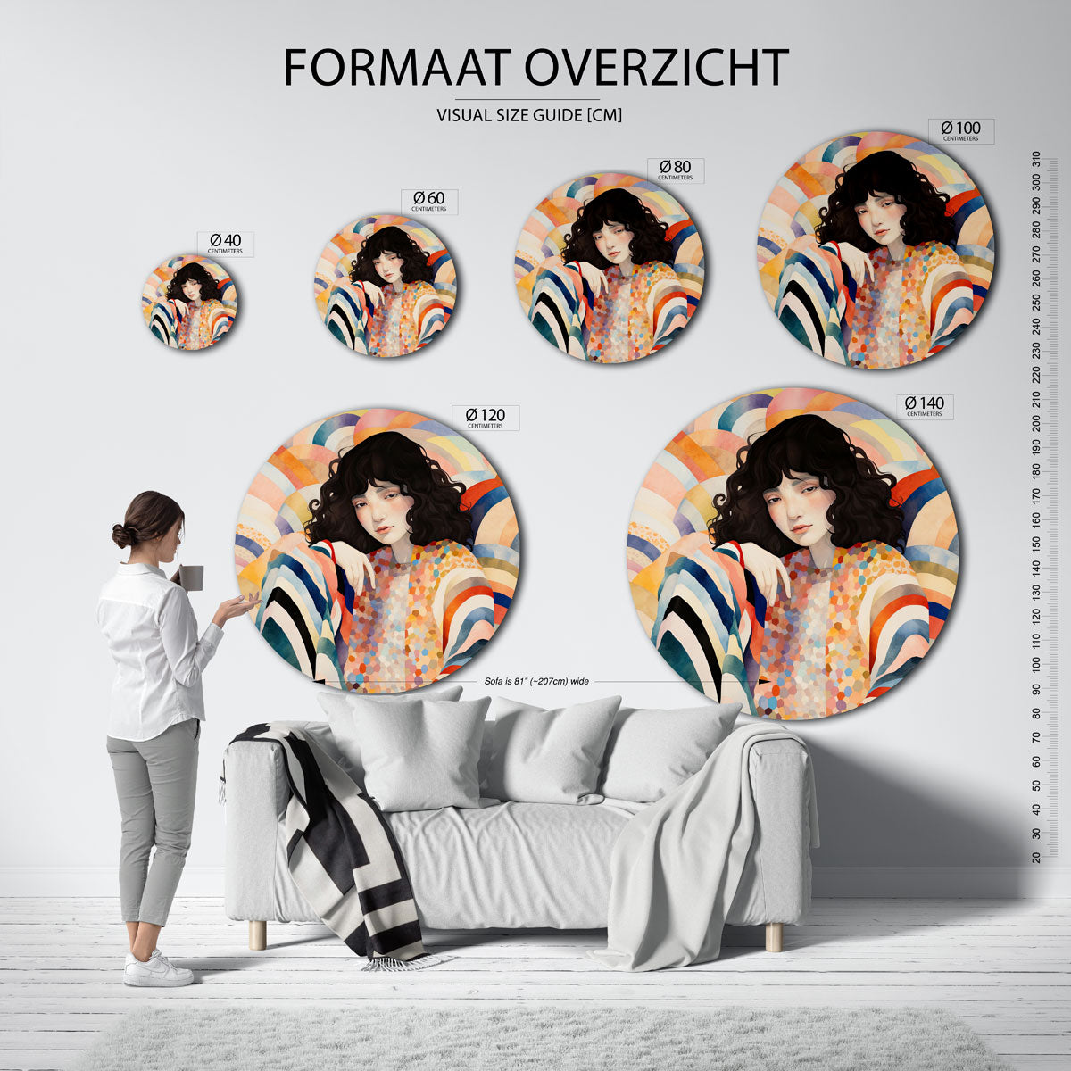 Vrouw met kleurrijke achtergrond – abstracte wandkunst met textuur als muurcirkel