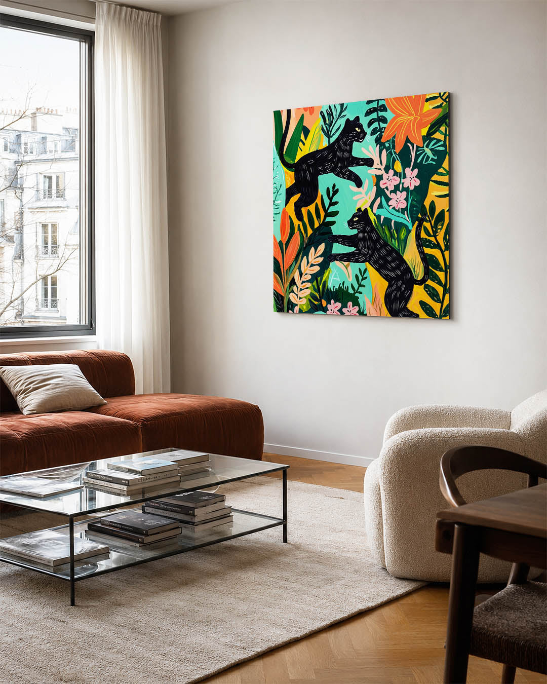Speelse dieren in jungle kunstwerk – vierkante wanddecoratie – dit kunstwerk toont twee zwarte katten in een levendige jungle