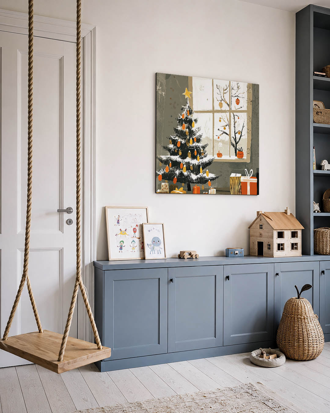 Kerstboom met cadeaus kunstwerk – vierkante wanddecoratie – een sfeervol beeld met een kerstboom versierd met oranje en gele