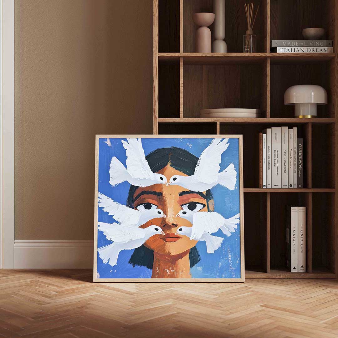 Vrouw met witte duiven – moderne poster in vierkant formaat