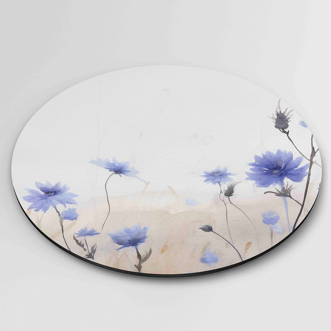 Blauwe bloemen – ronde wanddecoratie met abstract ontwerp