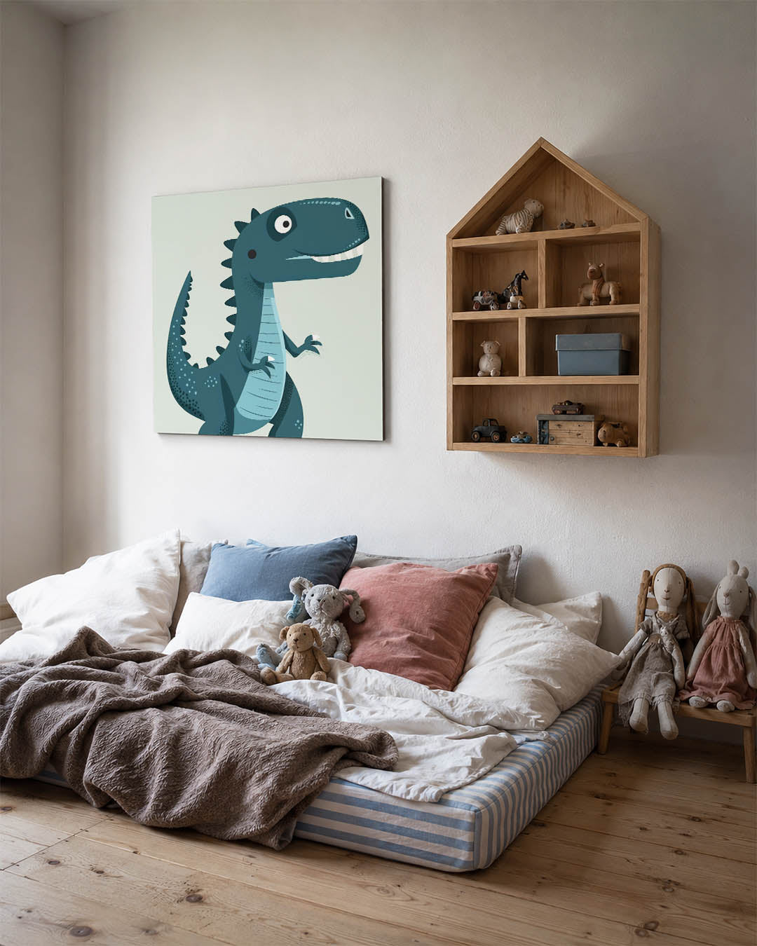 Speelse dino illustratie kunstwerk – derde productweergave – dit werk toont een speelse dinosaurus met een glimlach. De