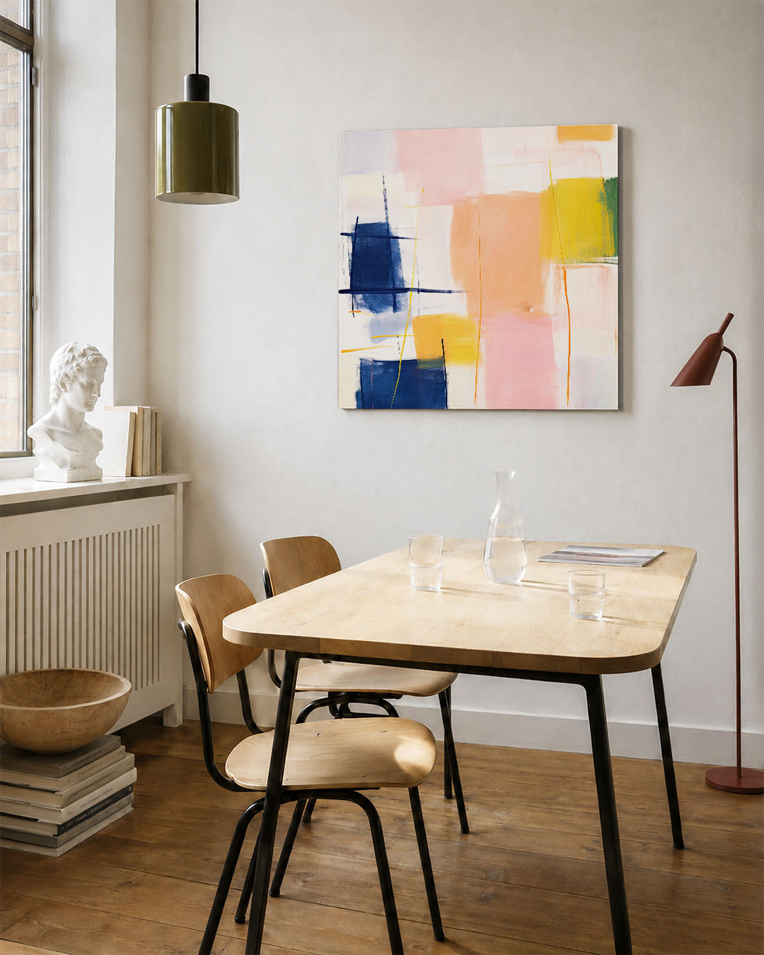 Kleurrijke vlakken kunstwerk – vierkante wanddecoratie – dit werk toont een compositie van overlappende rechthoeken en lijnen