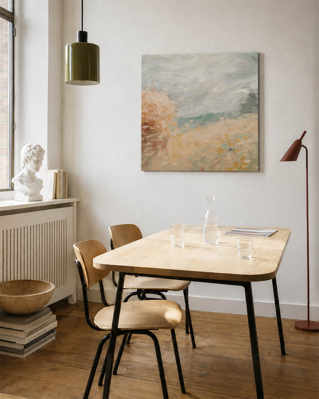 Dromerige landschapstinten kunstwerk – detailweergave – dit werk toont zachte penseelstreken in beige en grijs, met subtiele