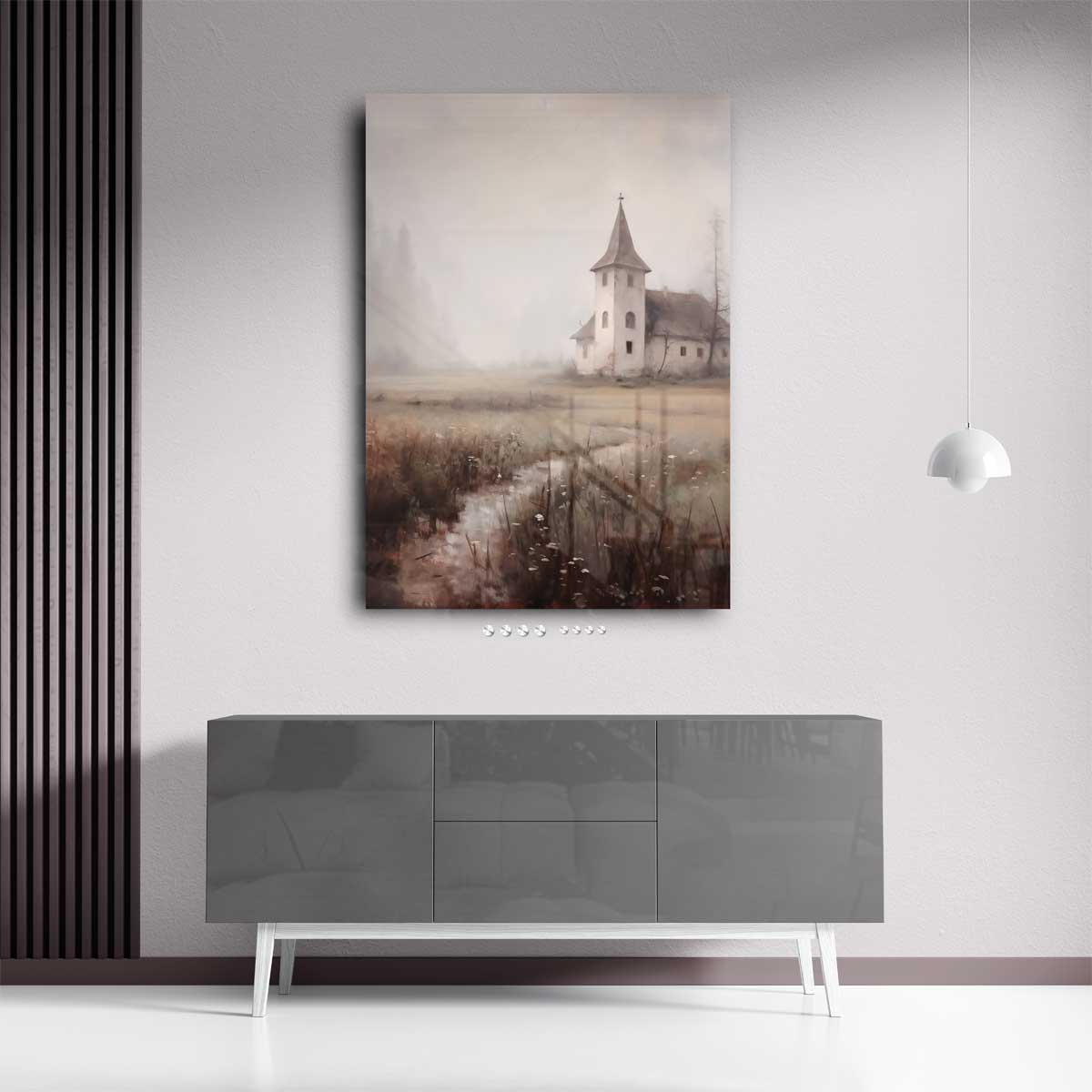 Mystieke Morgen aan de Kapel – staand kunstwerk voor modern interieur