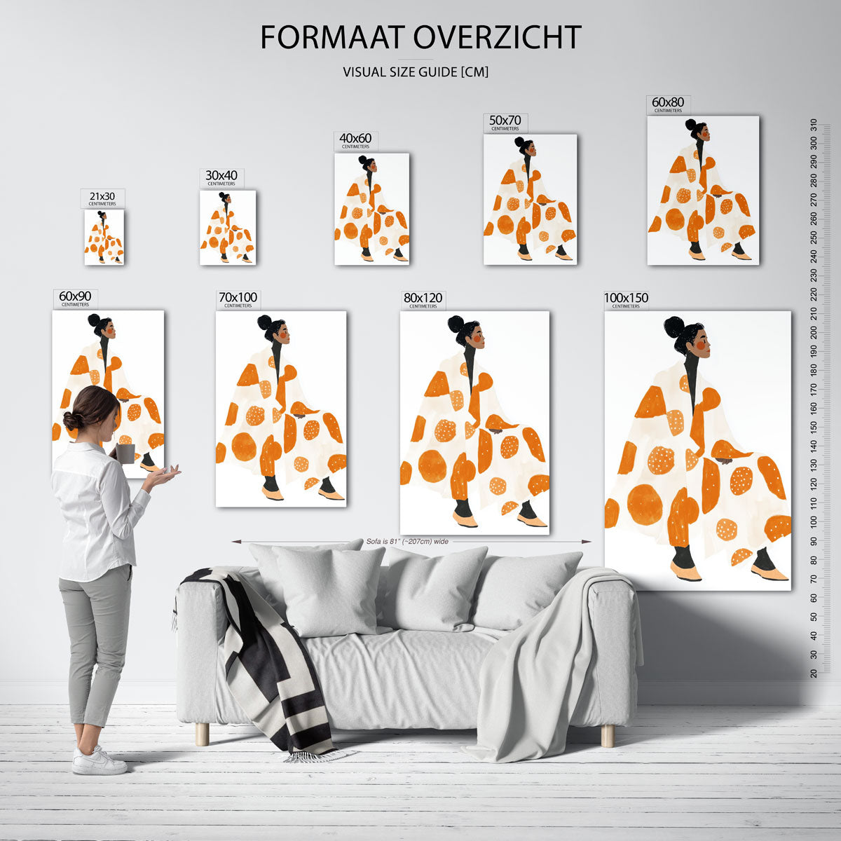 Vrouw in oranje en witte stippen – staande muurposter voor een modern interieur