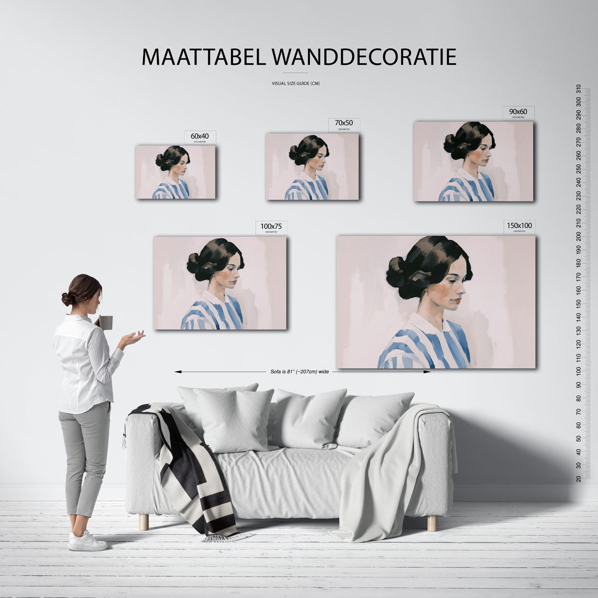 Gestreepte portretstudie – moderne liggende wanddecoratie