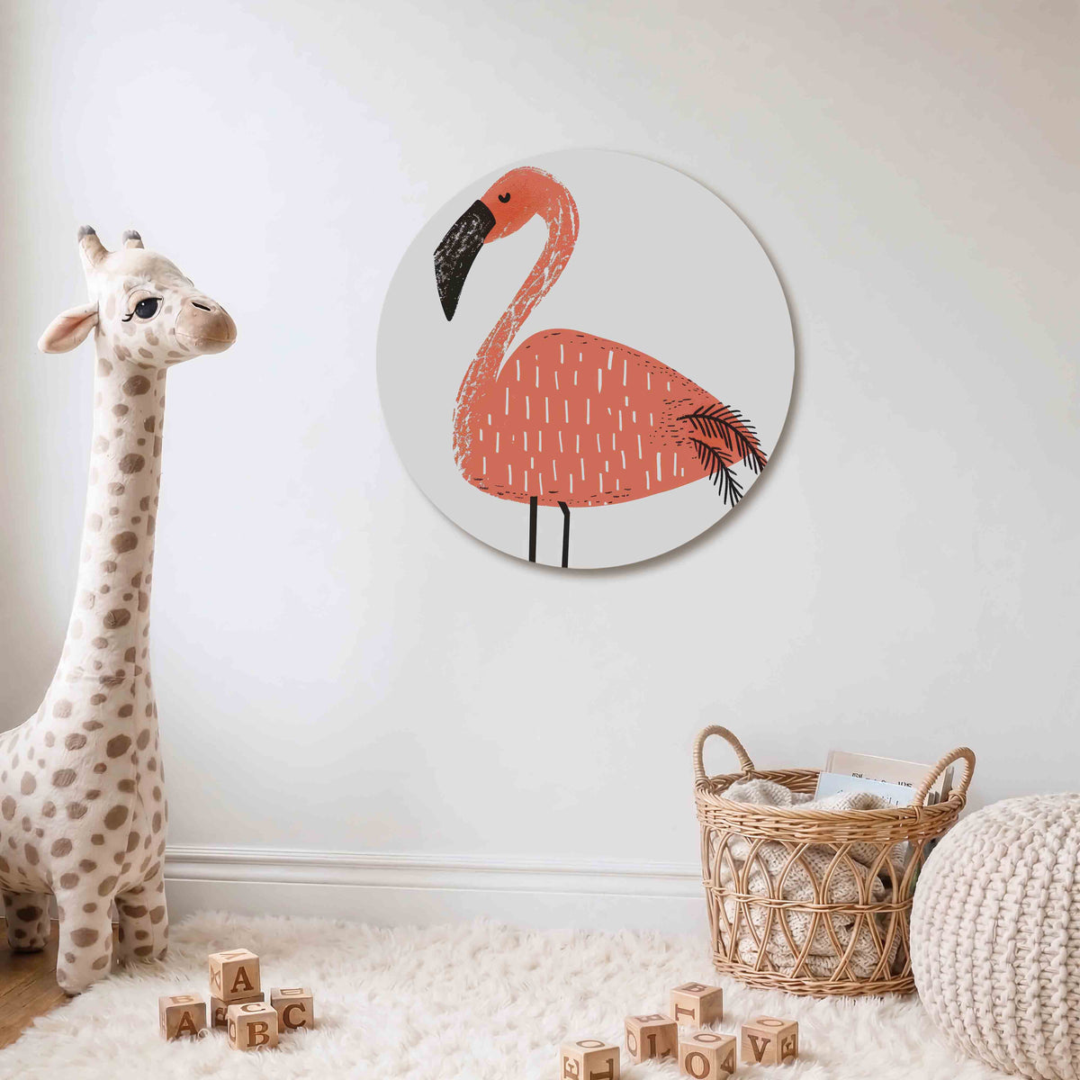 Flamingo Muurcirkel – Een flamingo met een oranje lichaam en zwarte snavel tegen een witte achtergrond.