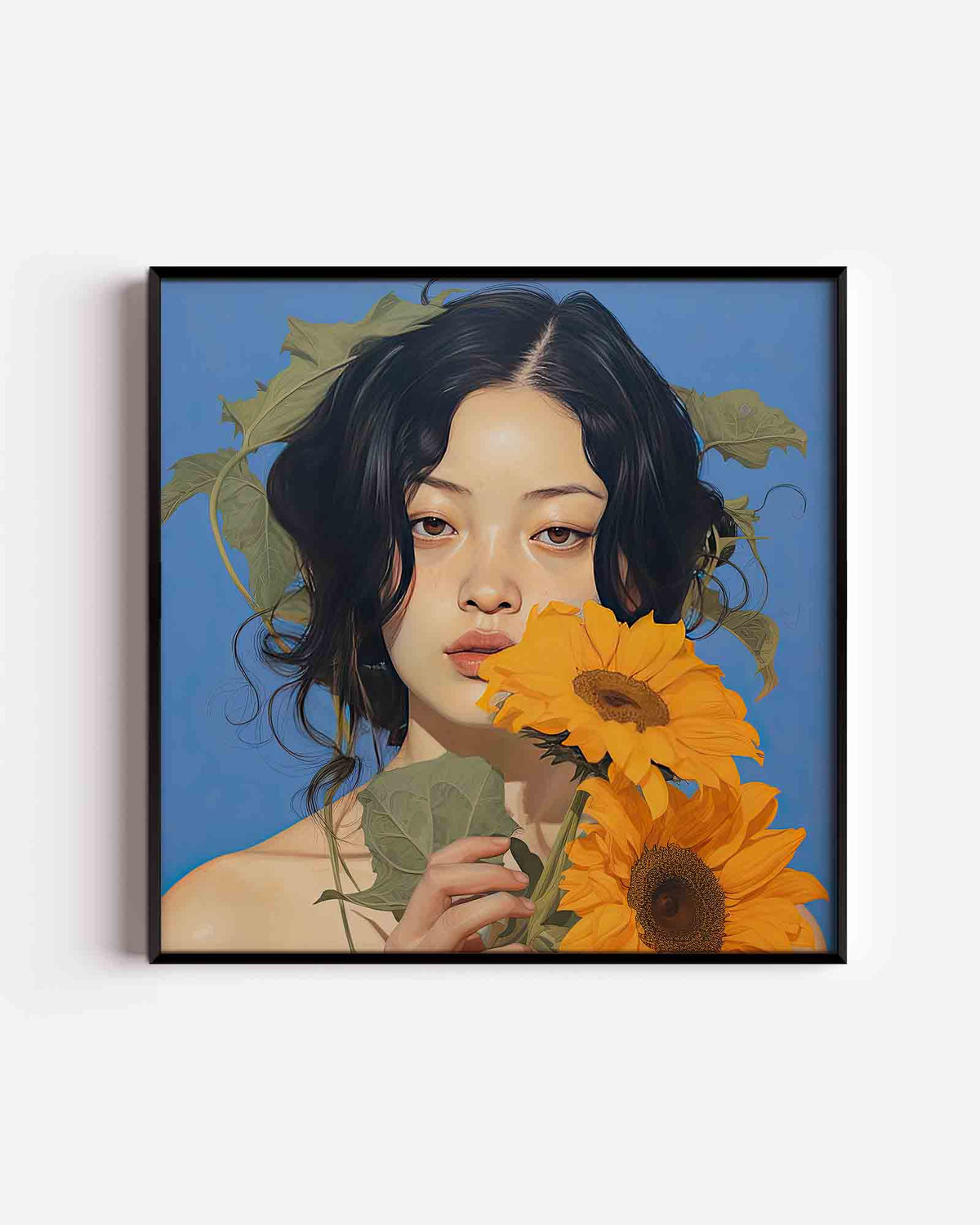 Vrouw met zonnebloemen – kleurrijke illustratie poster als wanddecoratie