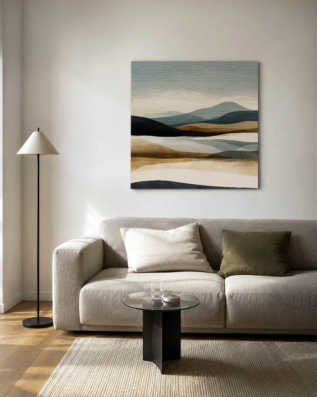 Gelaagde landschap compositie kunstwerk – vierkante wanddecoratie – dit werk toont een serene compositie van golvende lijnen