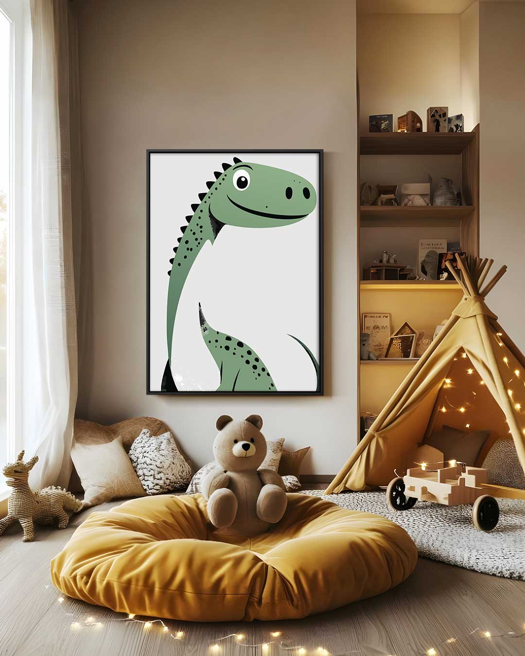 Vriendelijke Dino Illustratie – modern portret kunstwerk van WallArtistic