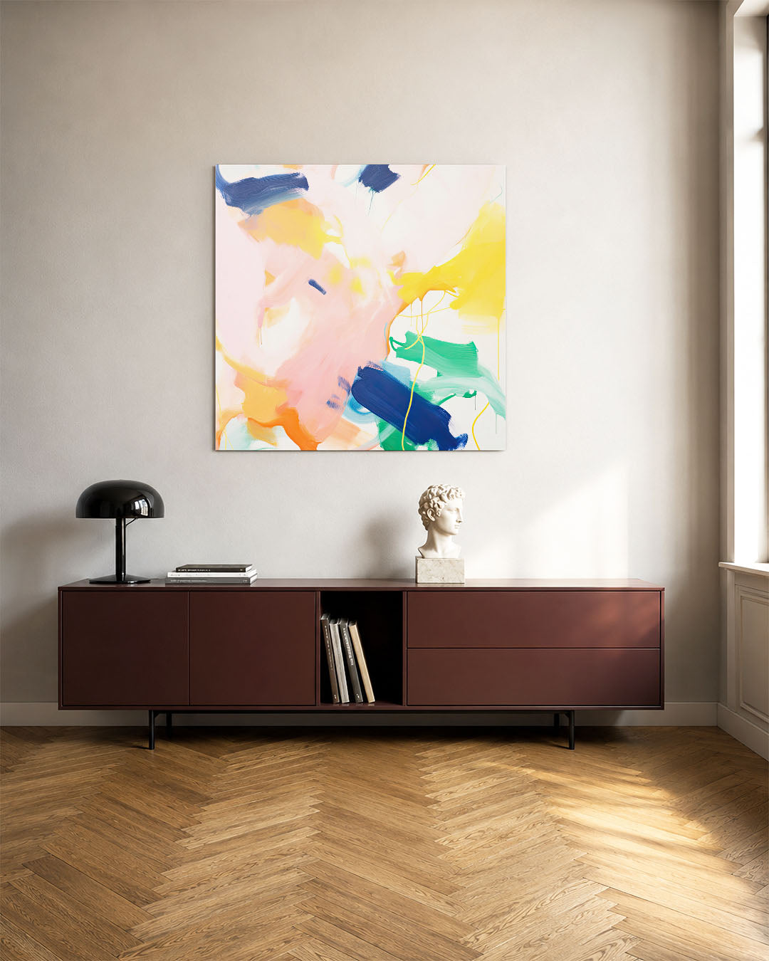 Dynamische kleurenexplosie kunstwerk – tweede productweergave – dit kunstwerk toont een levendige mix van vloeiende vormen en