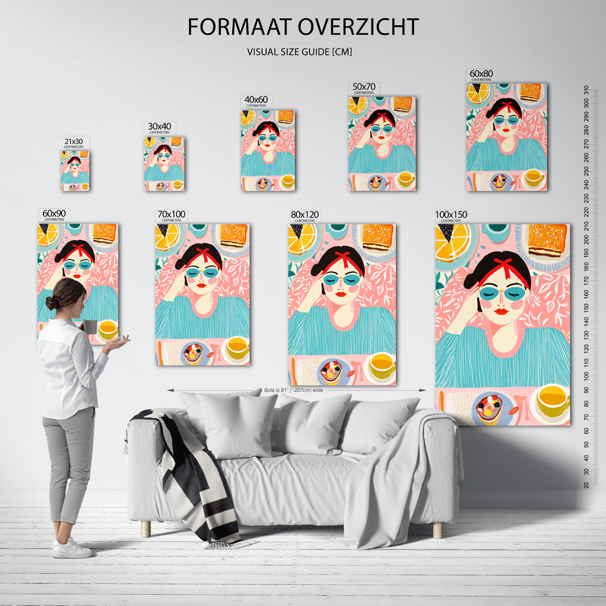 Ontspannen vrouw met ontbijt – staande muurposter voor een modern interieur