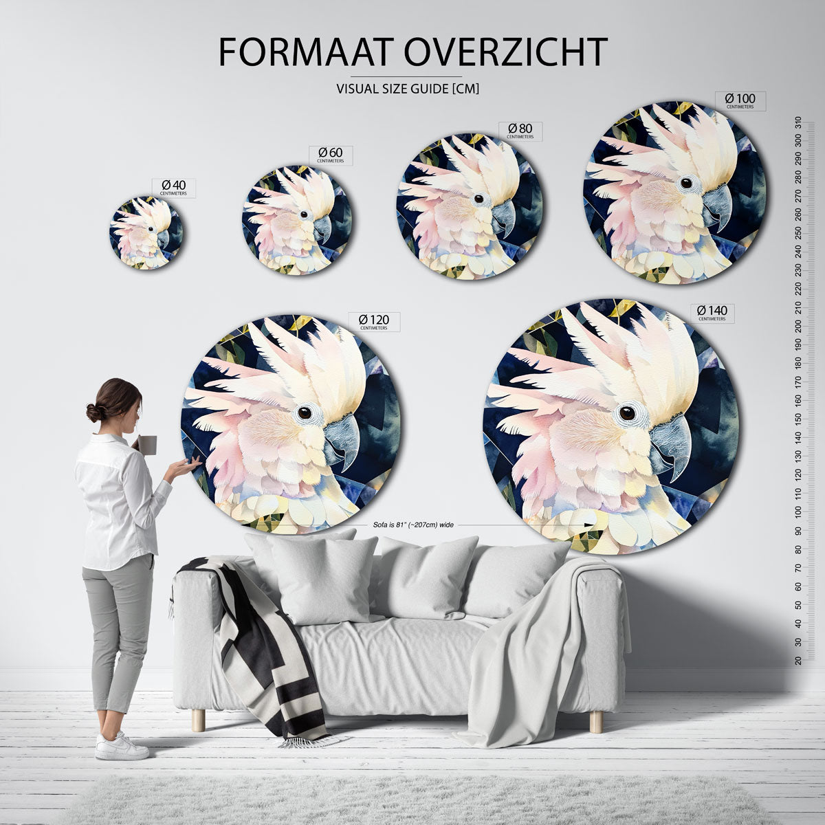 Papegaai met geometrische achtergrond – ronde muurcirkel met kleurrijke illustratie