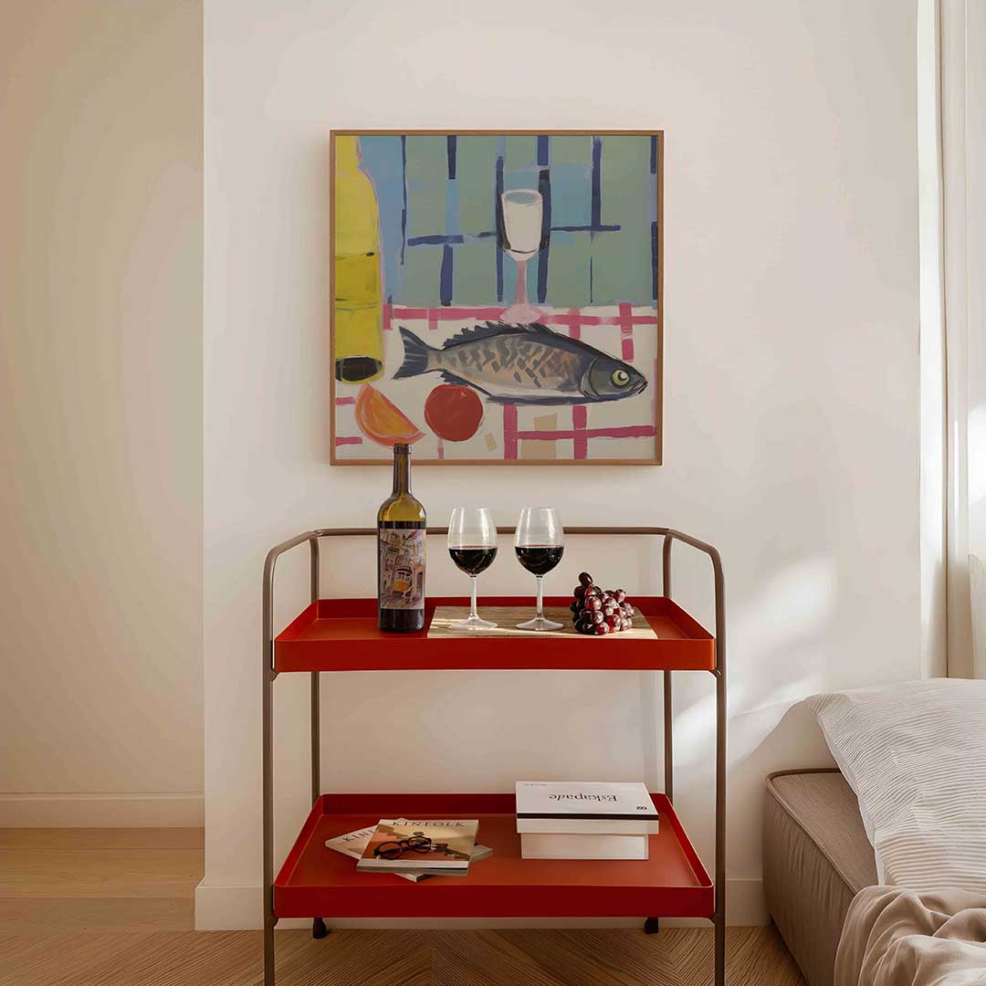 Vis en glas op tafel – vierkante keuken wanddecoratie van WallArtistic