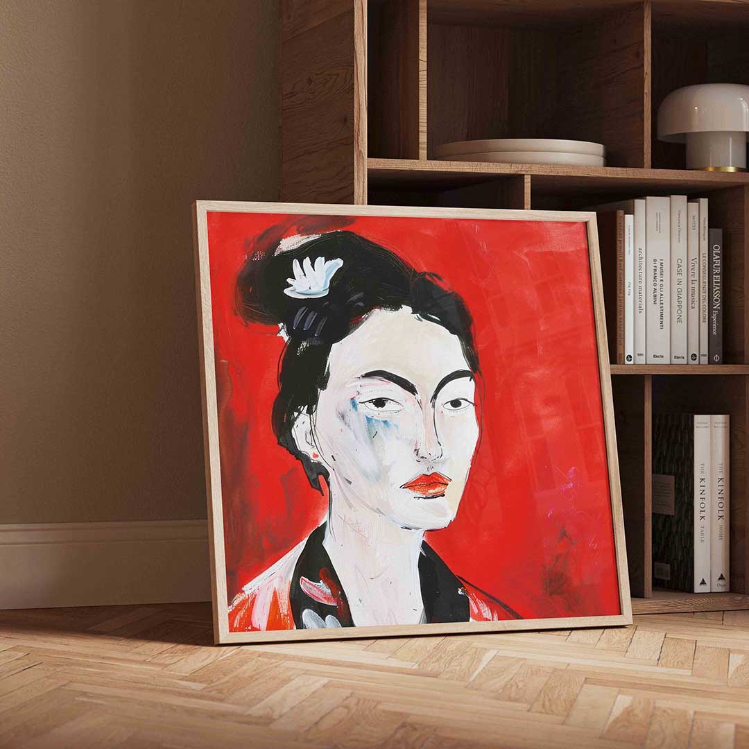 Portret met rode achtergrond – geïllustreerde wandkunst als vierkante poster