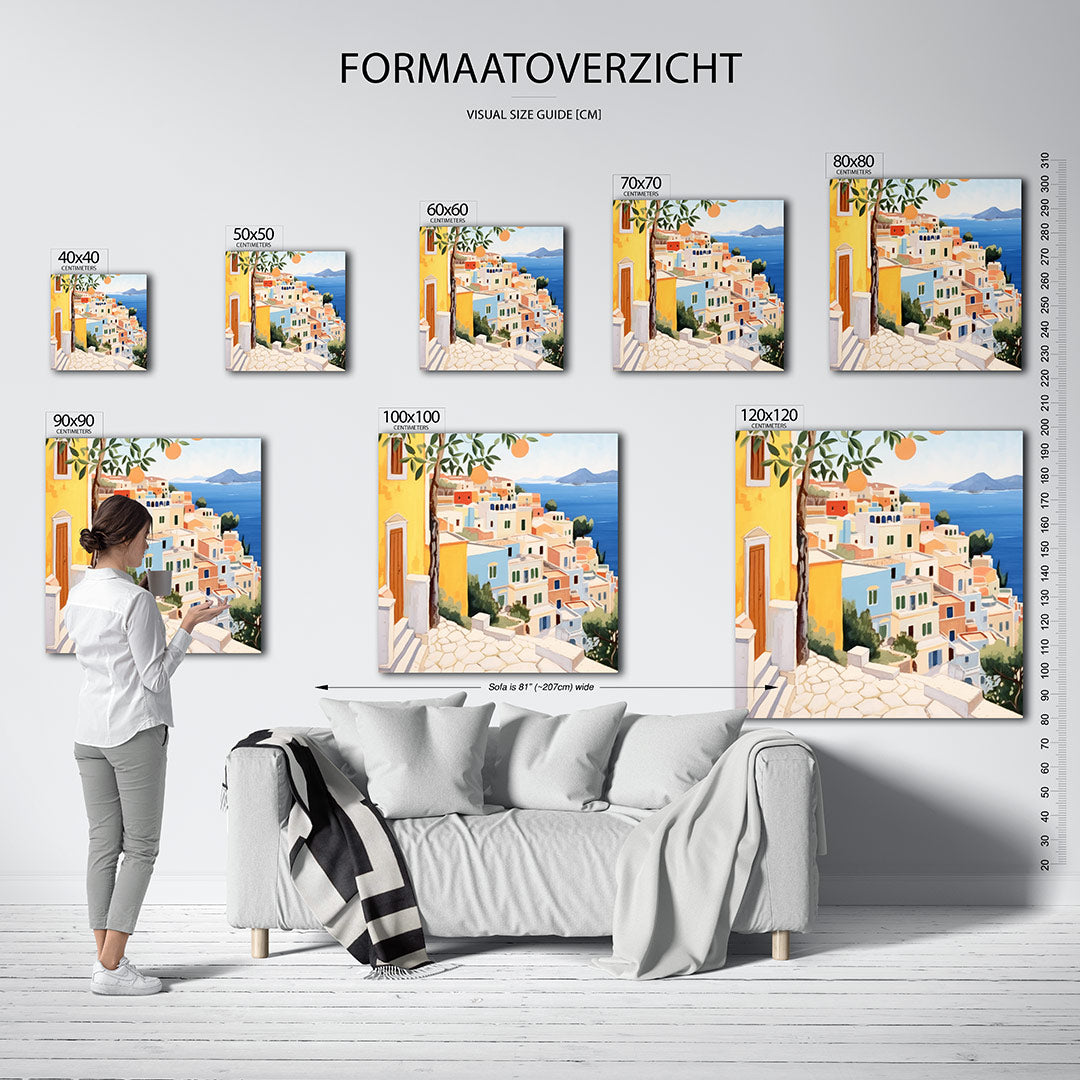 Zonnige kuststad kunstwerk – sfeerbeeld – dit kunstwerk toont een levendig kustlandschap met kleurrijke huizen en een