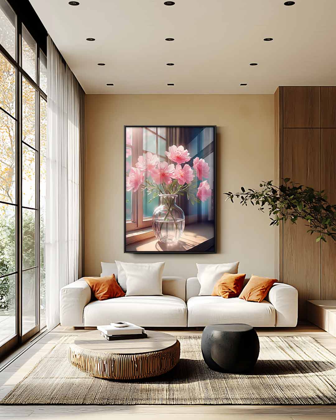 Bloemen in de Schijn van het Zonlicht – kunstwerk met zwarte baklijst