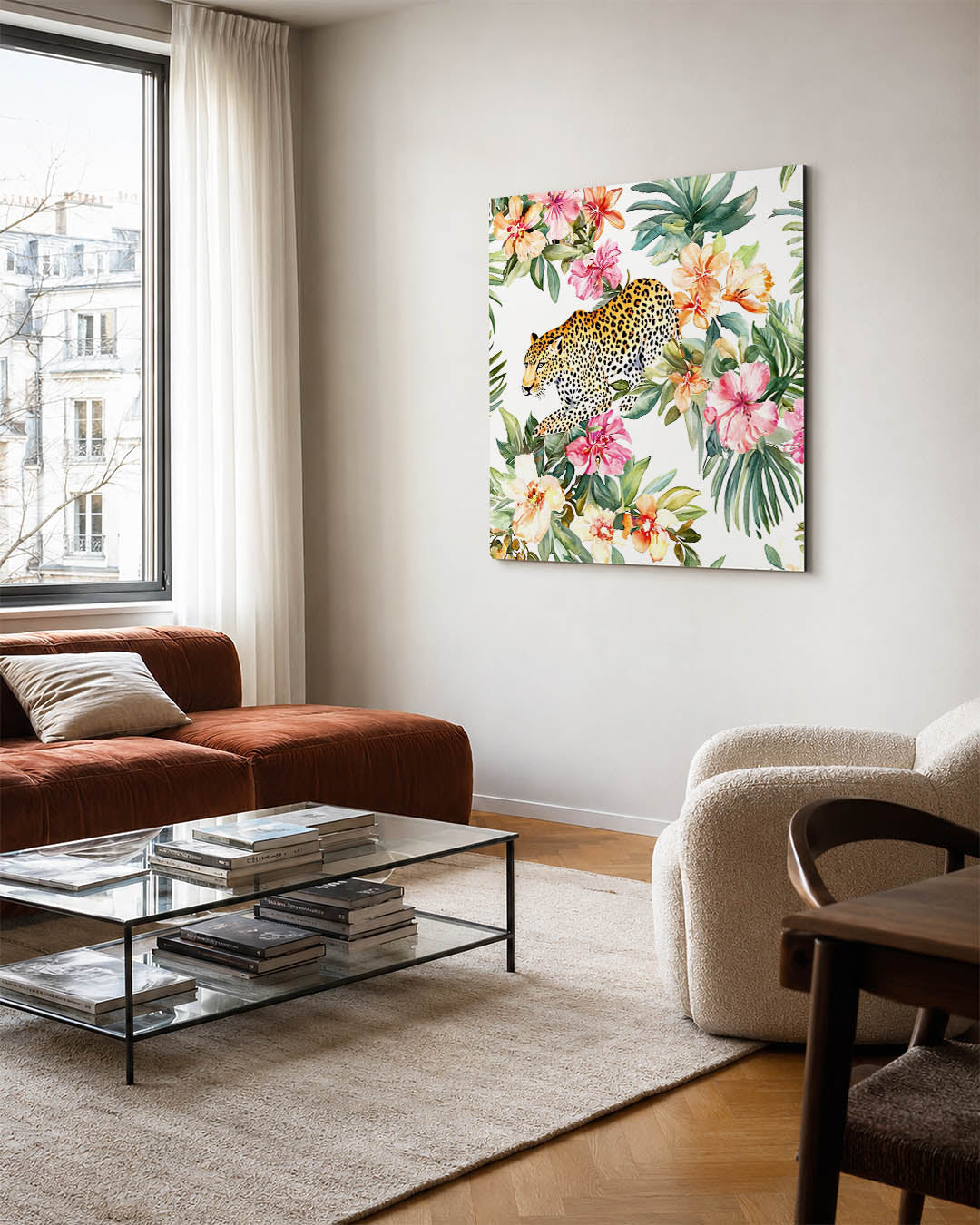 Tropische dierenprint kunstwerk – vierkante wanddecoratie – dit werk toont een levendige compositie van een luipaard omringd