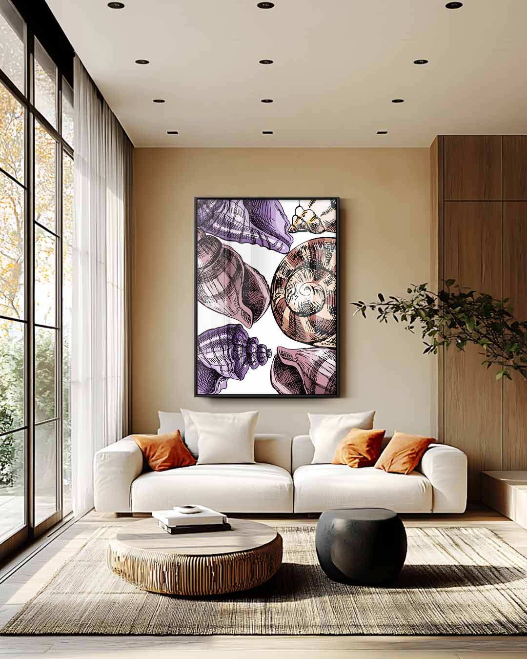 Schelpen in lila en bruin – staand kunstwerk voor modern interieur