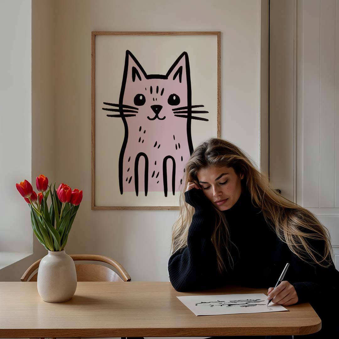 Schattige Roze Kattenposter – kids poster als vrolijke staande wanddecoratie