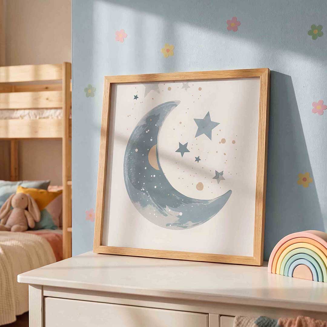 Maan en sterren – speelse wandkunst als vierkante kinderposter