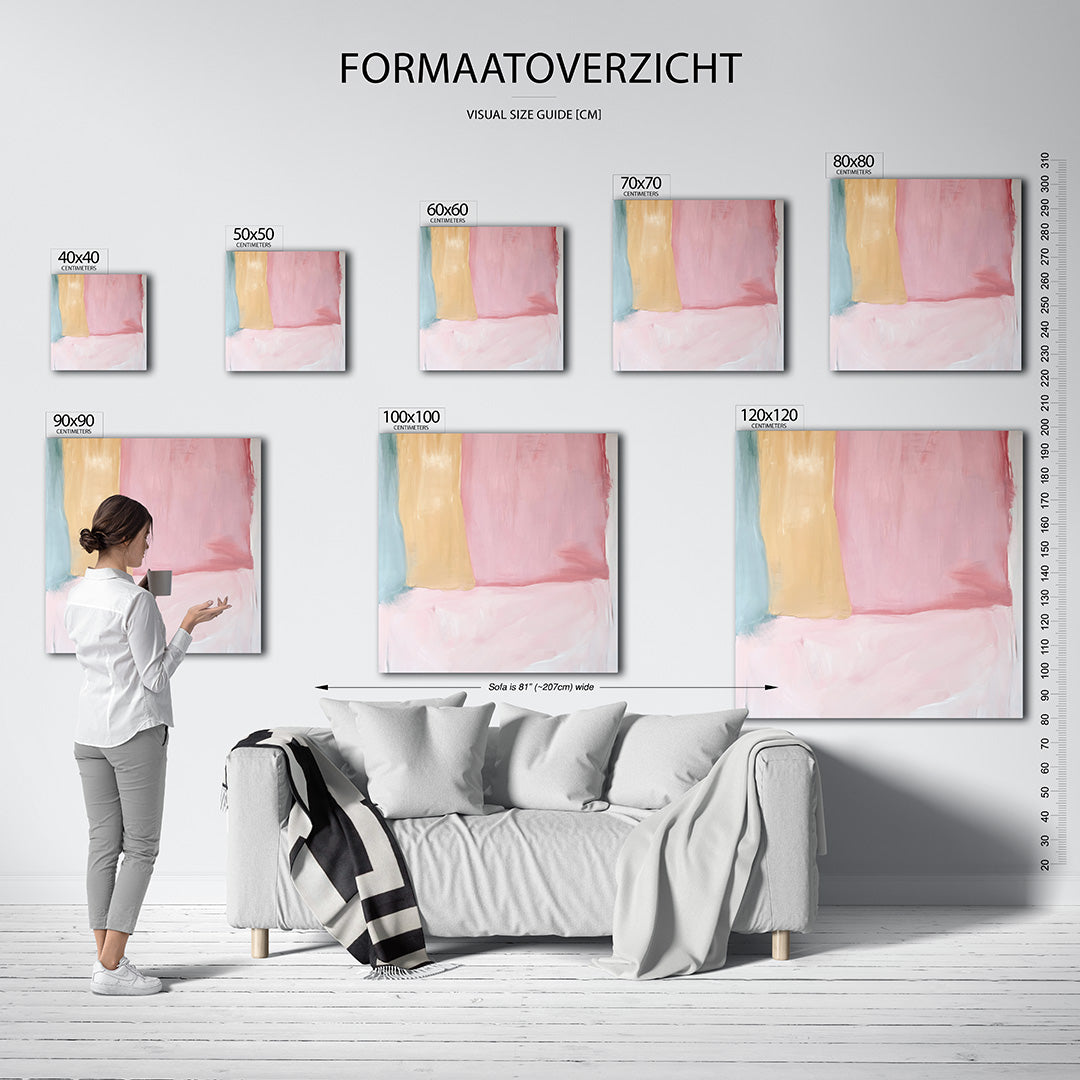 Zachte kleurvlakken kunstwerk – materiaalweergave – dit kunstwerk toont grote, zachte vlakken in pastelkleuren. De compositie