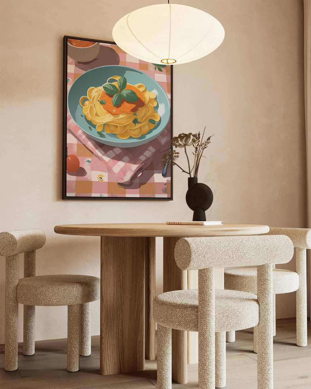 Pasta op Geblokt Tafelkleed – canvas wanddecoratie in portret formaat