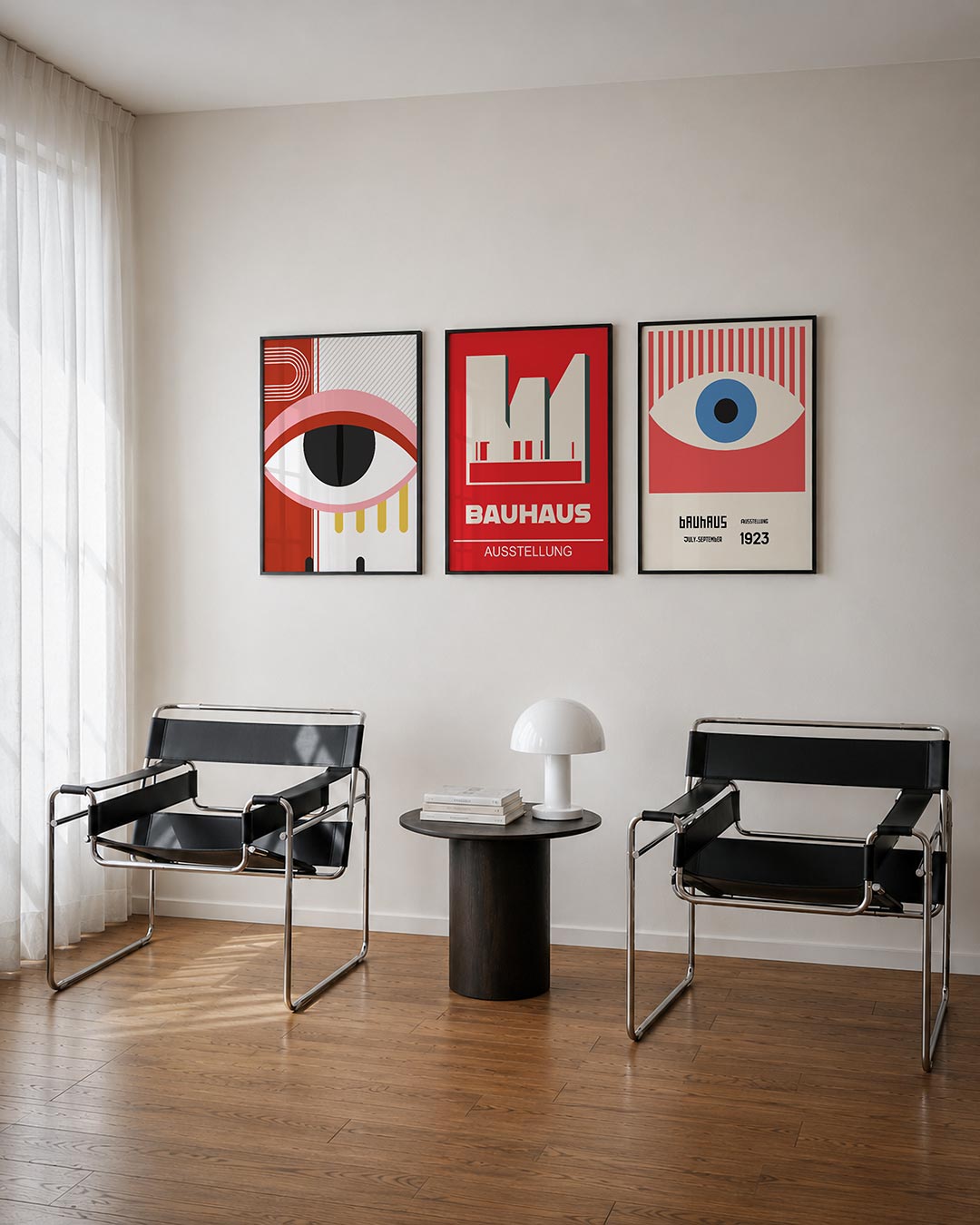Oog en lijnen driedelige posterset – een groot oog in het midden, omringd door rode en roze bogen. Gele en zwarte lijnen