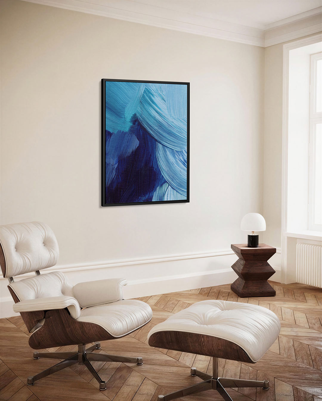 Dynamische blauwe beweging – decoratief kunstwerk voor aan de muur