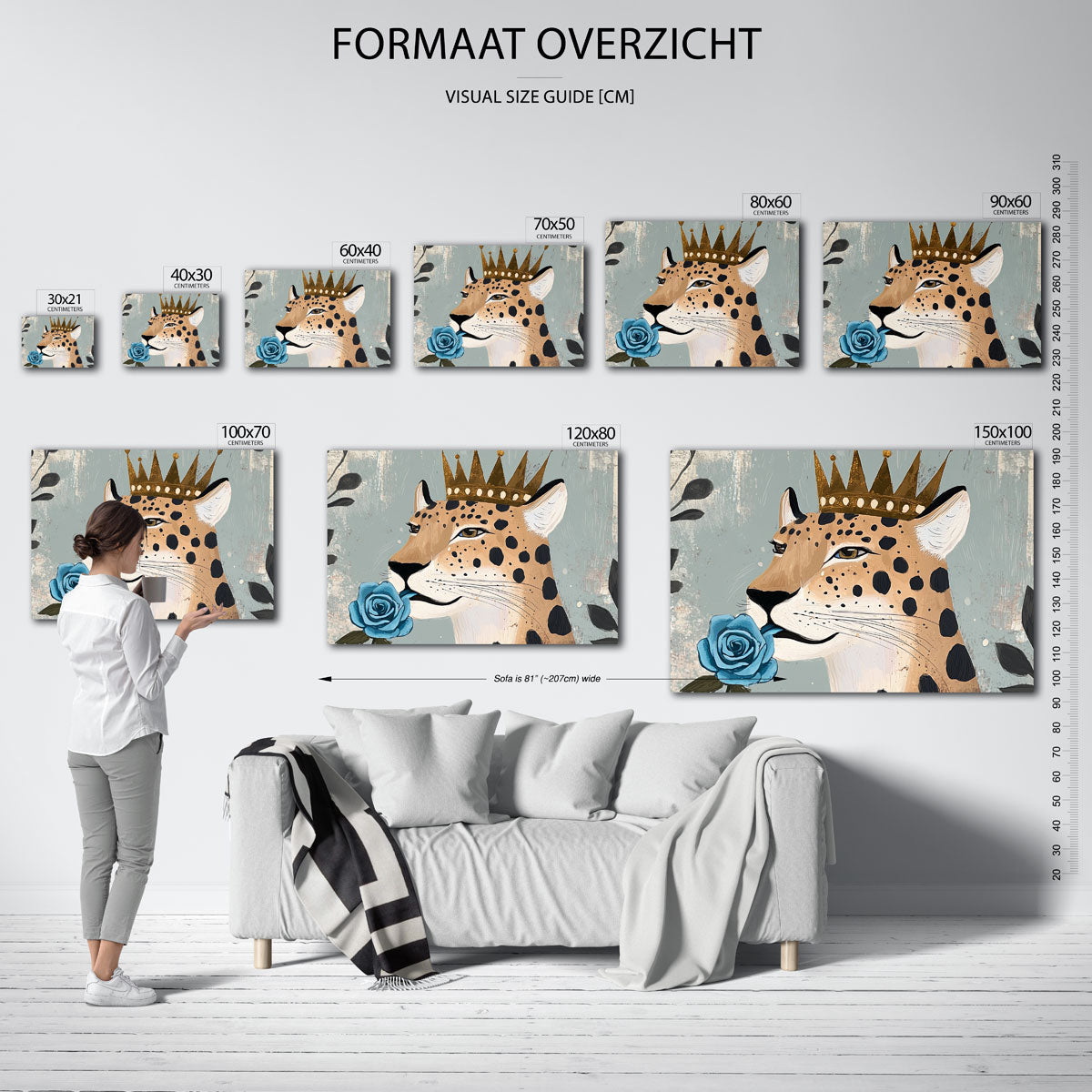 Luipaard met kroon en blauwe roos – liggende muurposter met dierenthema