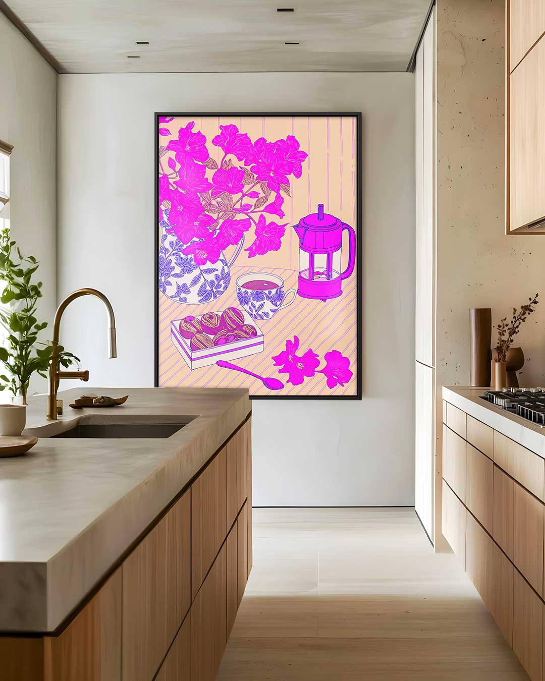 Bloemrijke Koffiemoment – staand kunstwerk voor modern interieur
