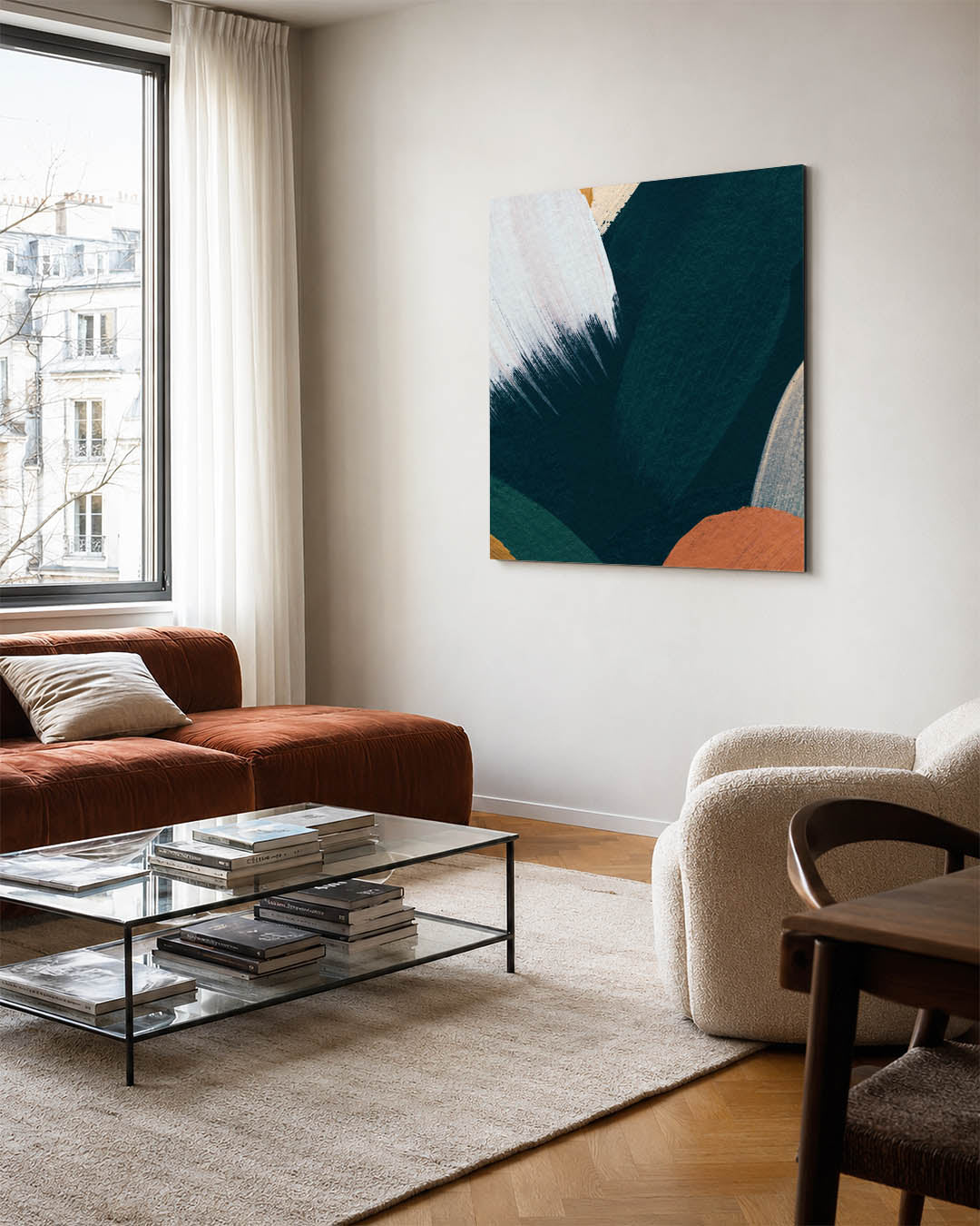 Dynamische kleurencompositie kunstwerk – vierkante wanddecoratie – dit werk toont een levendige mix van gebogen en vloeiende