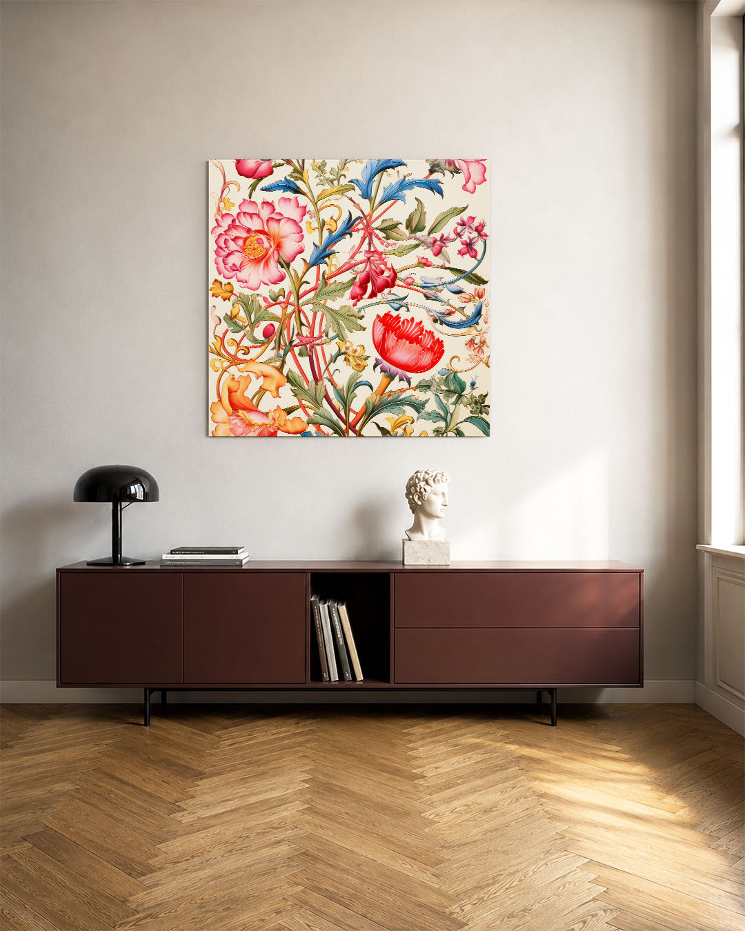 Bloemrijke fantasie kunstwerk – tweede productweergave – dit kunstwerk toont een weelderige compositie van kleurrijke bloemen