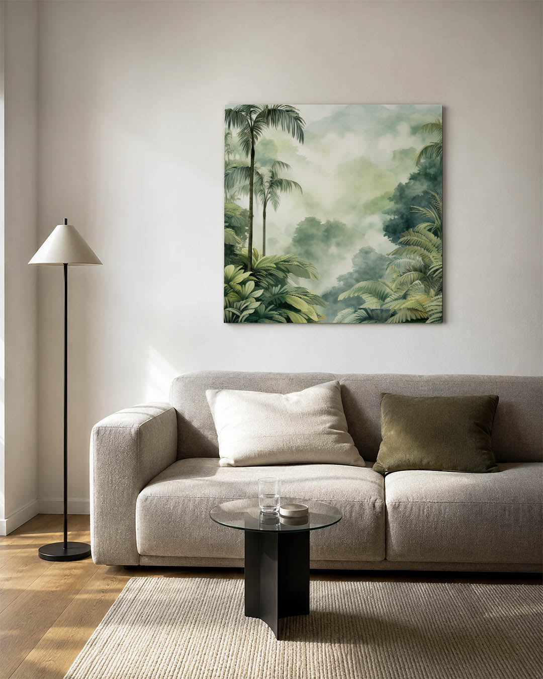 Tropisch boslandschap kunstwerk – detailweergave – dit werk toont een weelderig bos met hoge palmbomen en dichte bladeren