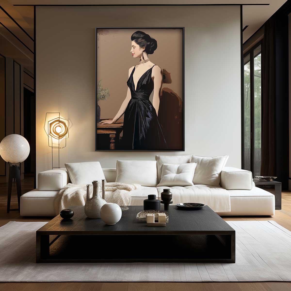 Elegante Dame in Zwart – dibond wanddecoratie in staand formaat