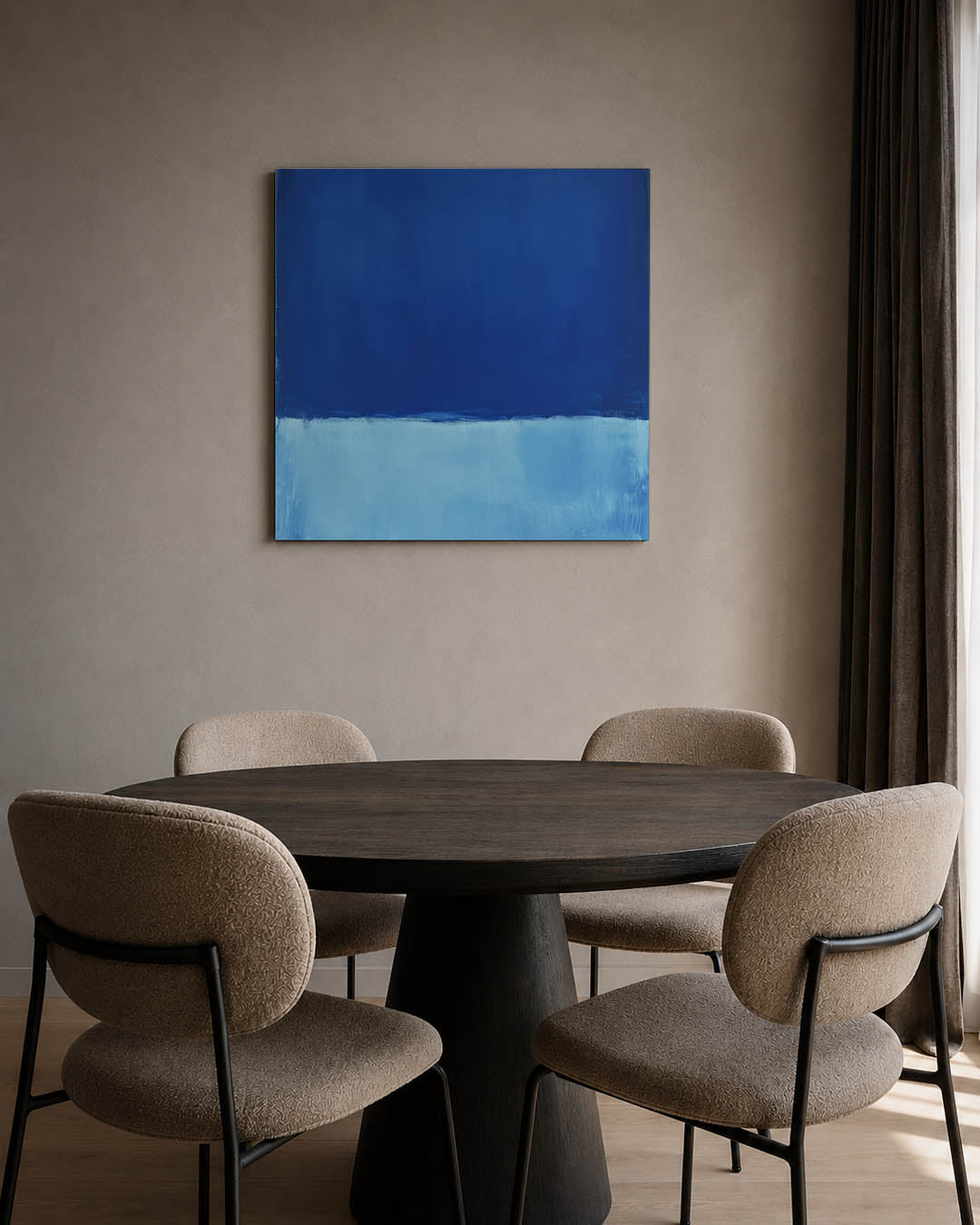 Kleurrijke blauwe vlakte kunstwerk – tweede productweergave – dit werk toont een diepe blauwe bovenkant met een lichtere
