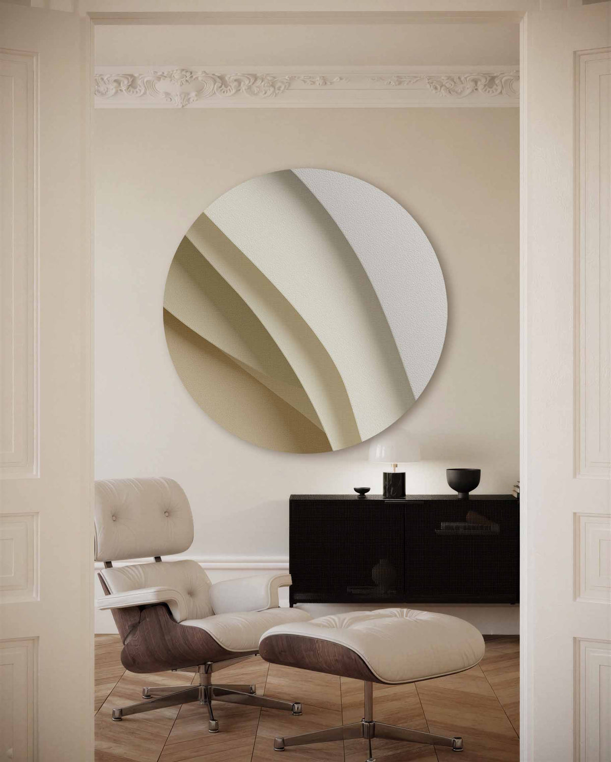 Gelaagde beige – portret muurcirkel als ronde muurdecoratie
