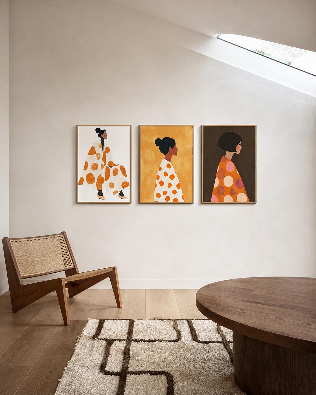 Vlekken en vormen posterset – derde productweergave – een vrouw in een witte mantel met grote oranje stippen