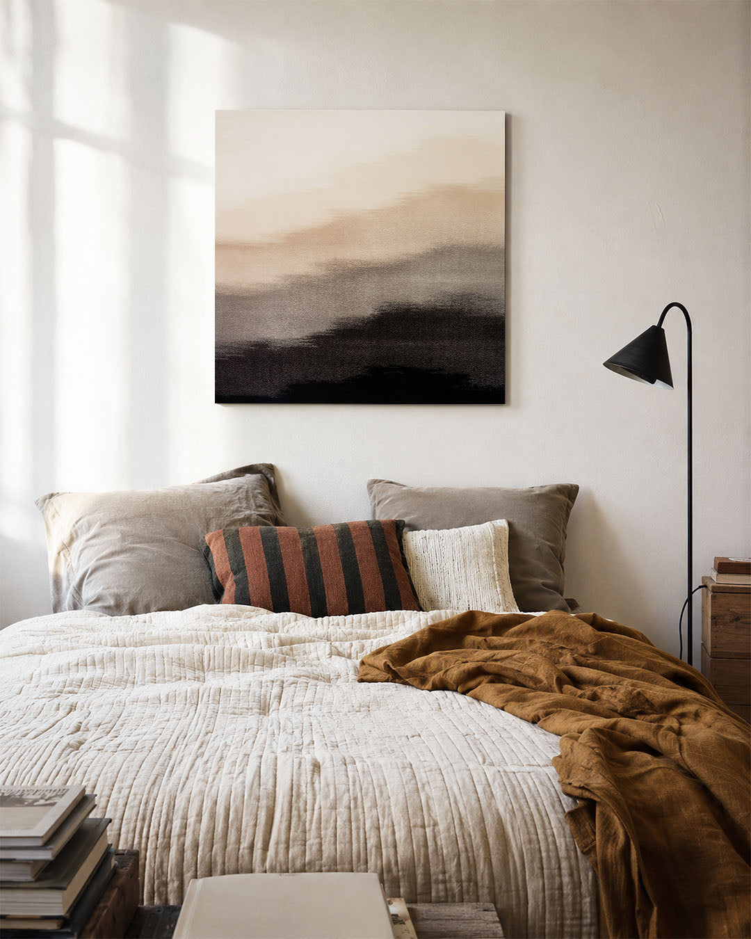 Vloeiende overgangen kunstwerk – detailweergave – dit kunstwerk toont zachte, vloeiende overgangen van beige naar zwart, met