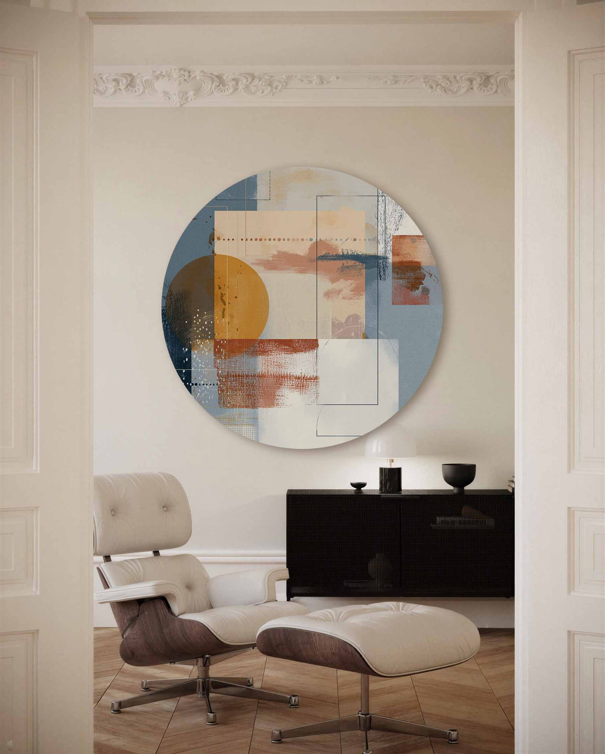 Abstracte vormen – portret muurcirkel als ronde muurdecoratie