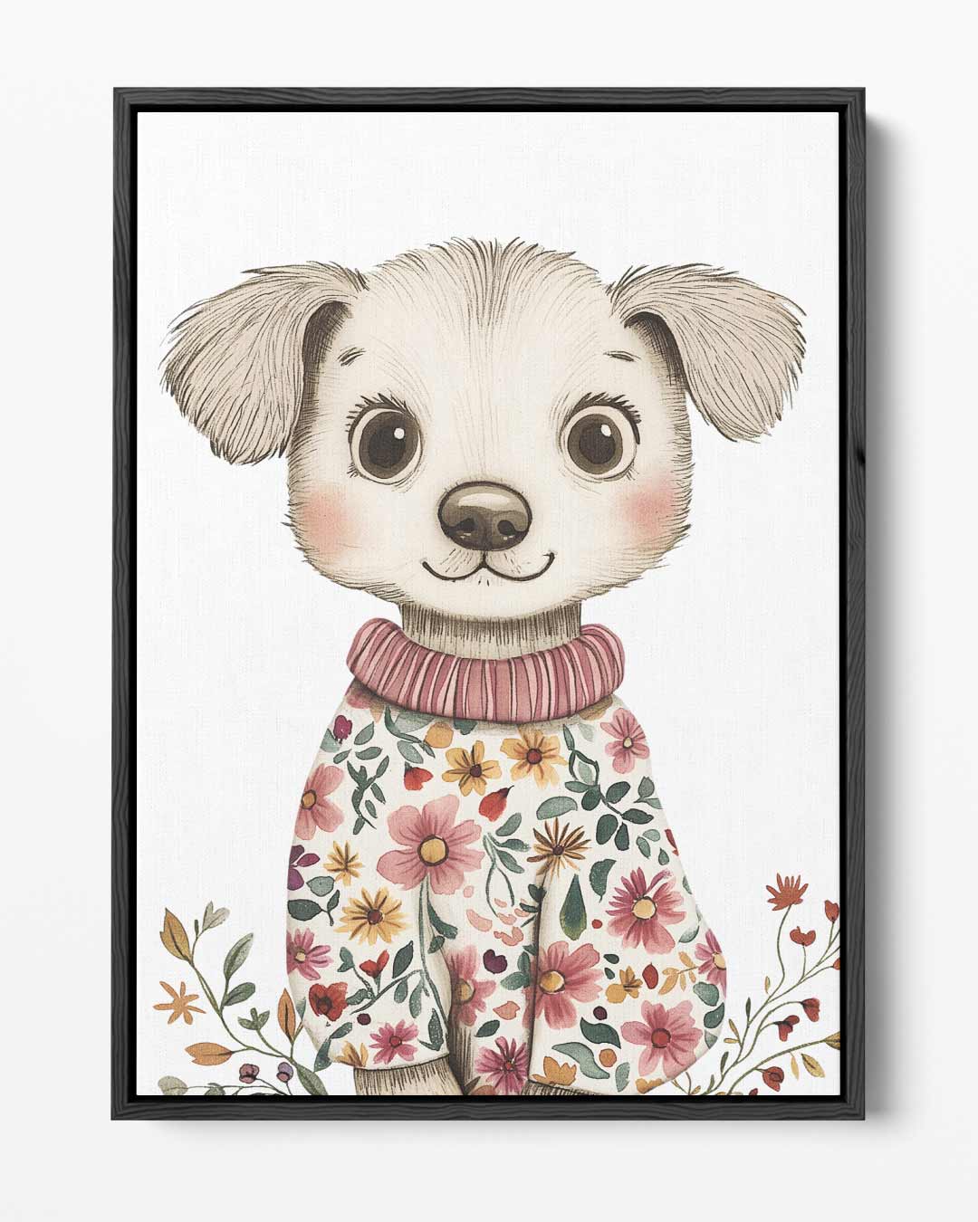 Lieve Hond met Bloemenoutfit – portret kunstwerk als wanddecoratie