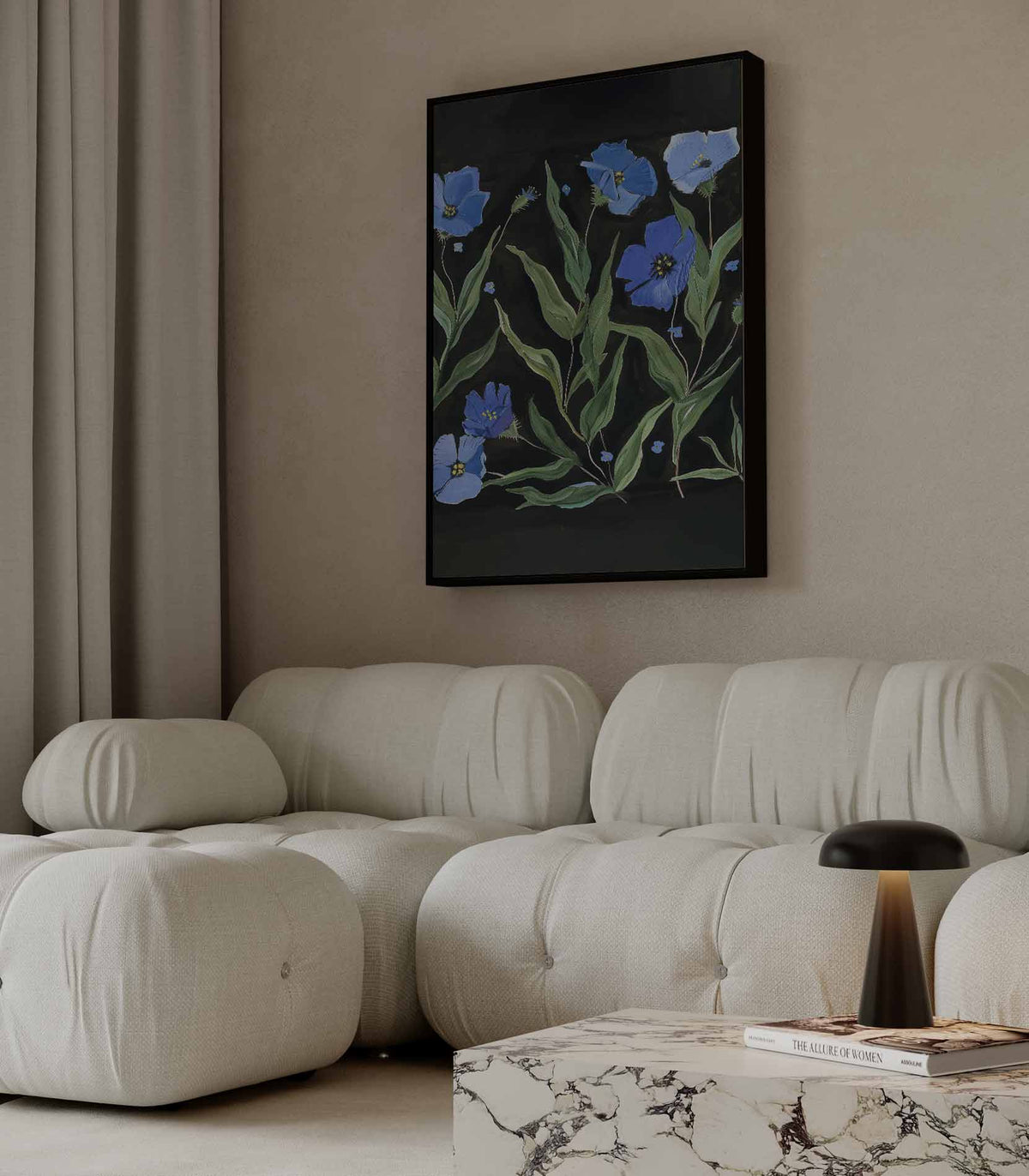 Blauw Bloemenfeest – staande wandkunst voor woonkamer of interieur