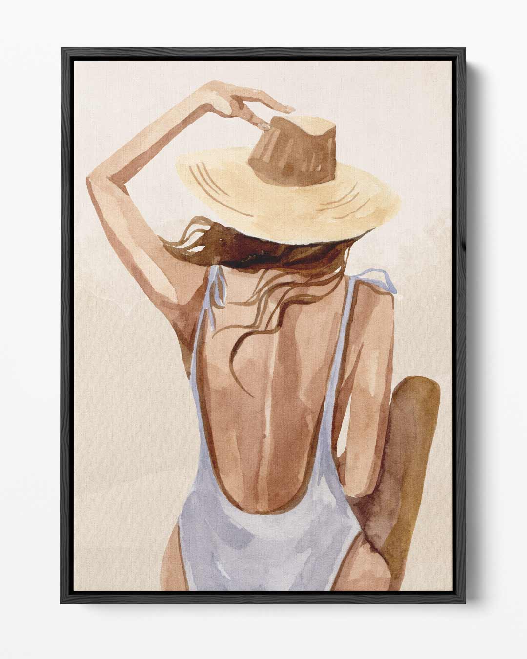 Vrouw in badpak met hoed – portret kunstwerk als wanddecoratie